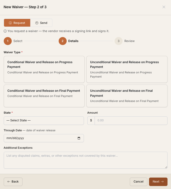 WaiverFlow new waiver form — select waiver type, state, amount and through date